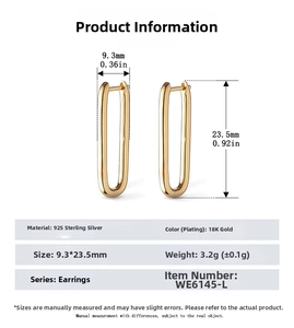 Detailed size specifications for 925 sterling silver U-shaped hoop earrings in 18K gold