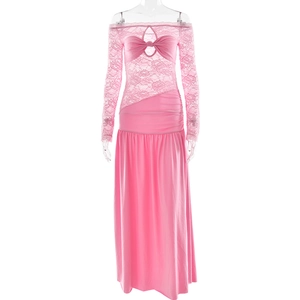 Pink off-shoulder maxi dress with lace splicing, bow detail and slit long skirt