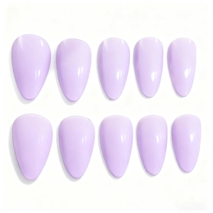 Minimalist long almond lavender purple press-on nails with a high-gloss polished finish