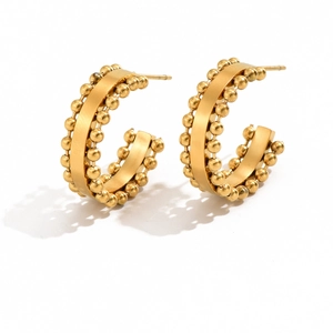 Elegant gold-tone C-shaped hoop earrings with polished metal band and decorative beads
