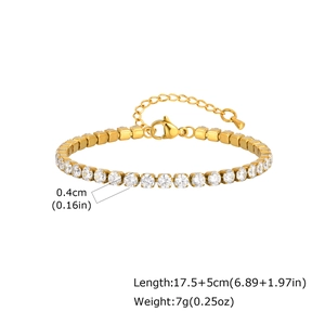 Detailansicht eines 4mm Gold Tennisarmbands mit Zirkonia und genauen Maßangaben