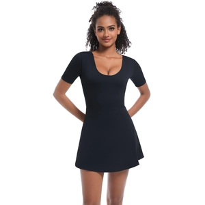 Front view of a slim fit black tennis bodysuit with scoop neck and A-line skirt