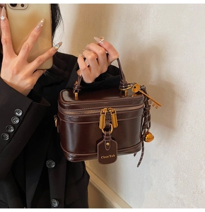 Detail of dark brown leather box bag featuring vintage brass hardware and a top handle