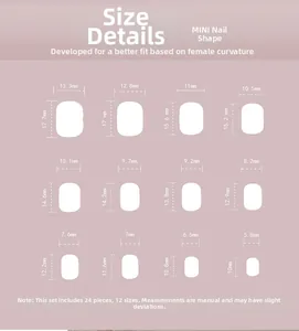 Guide des tailles pour 24 faux ongles mini en 12 dimensions différentes pour femmes