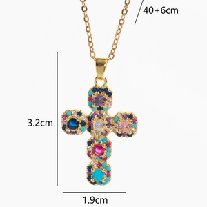 Gold cross pendant necklace with colorful zircon stones and adjustable chain