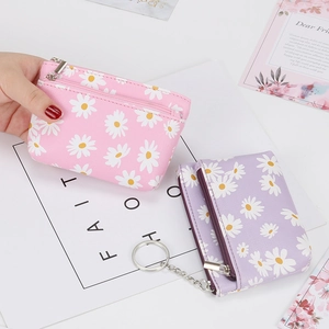 Daisy print faux leather mini coin purse with silver zipper and keychain for women