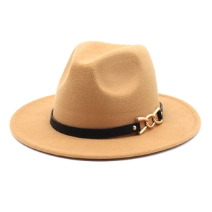 Classic camel wide brim fedora hat with black leather belt and gold chain detail