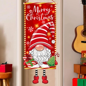 Vertical Merry Christmas porch banners featuring red gnomes for outdoor holiday decoration