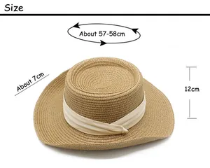 Detailed size chart for the straw boater hat showing circumference, brim, and height measurements