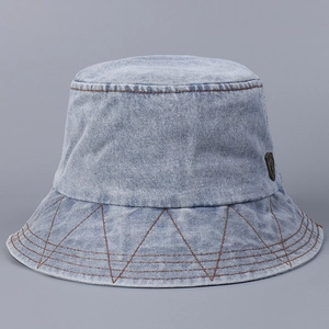 Washed Denim Bucket Hat Retro Contrast Stitching Wide Brim Foldable Sun Protection Casual Basin Cap For Men Women