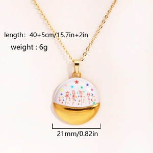 Gold cable chain necklace with colorful cartoon round pendant and size dimension specs