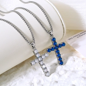 Elegant Titanium Steel Cross Pendant Necklace For Women Men Inlaid Zirconia Colorful Stones Fashion Jewelry Religious Gift