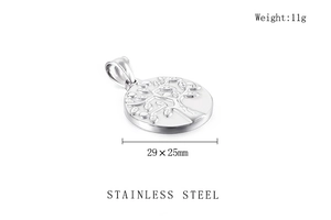 Detail view of a 29x25mm silver stainless steel Tree of Life pendant with dimensions