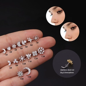 L-shaped stainless steel nose studs with cubic zirconia in 15 different creative designs