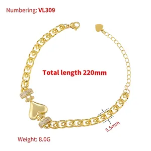 Luxurious 18K gold-plated copper heart bracelet with zircons, measuring 220mm long
