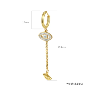 18K gold plated stainless steel eye pendant earrings with tassel chain and clear gems