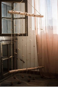 Close-up of birch wood wall hanging with hemp rope and clips for photo display