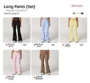 Color palette of high-waist flared yoga sets in black, blue, yellow, pink, and brown