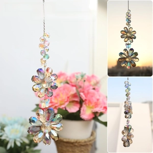 Detailed view of crystal flower suncatcher with rainbow AB coating for garden decor