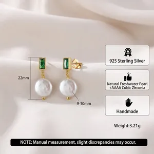 925 silver gold plated earrings with emerald zircon and natural baroque pearls