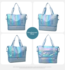 Detail view of pearlescent blue travel bag with waterproof dry-wet separation compartment