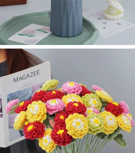 Detailed close-up of handmade crochet peony bouquet in blue vase and hand-held view