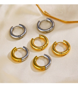 Detail view of 4mm minimalist 18k gold plated stainless steel hoop earrings in three colors