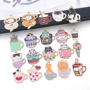 Cartoon cat and coffee cup enamel alloy pendants for DIY earrings and bracelet jewelry