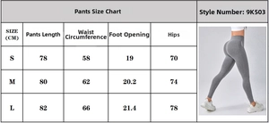 Women's tight yoga pants size chart with waist and hip measurements for gym leggings