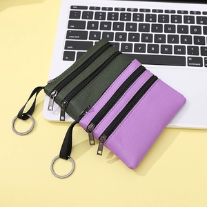 Porte-monnaie en tissu à trois fermetures éclair et porte-clés violet et vert foncé