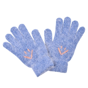 Detail of blue plush knit gloves featuring orange trident embroidery and fuzzy warm texture