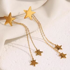 18K gold plated stainless steel star tassel earrings featuring long hanging chains