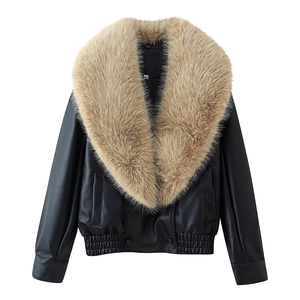 Women's black PU leather jacket with oversized light brown faux fur collar and elastic waist