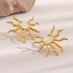 18K gold plated stainless steel sunburst stud earrings displayed on a natural stone base