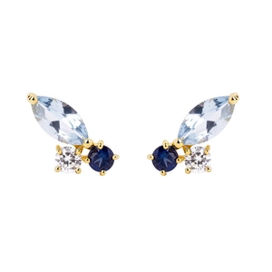 Elegant gold butterfly stud earrings with marquise blue stones and clear zircon crystals