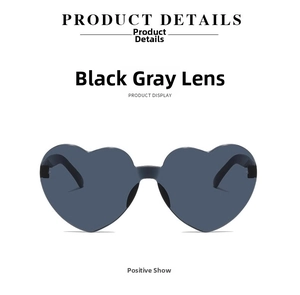 Front view of heart-shaped rimless sunglasses with dark grey lenses and sleek metal structure