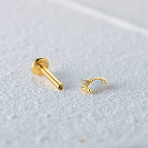 Close-up of S925 sterling silver opal stud showing threaded flat back and hallmark