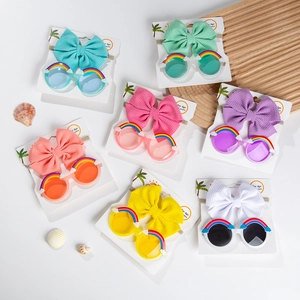 Kids Sunglasses And Headband Rainbow Cloud Decor Round Frame Plastic Waffle Texture Bow Fashion Accessory For Infants Toddlers