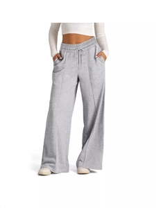 Women's high waist wide leg lounge pants in light grey with elastic drawstring waist