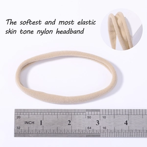 Soft skin tone nylon baby headband with high elasticity shown with size ruler and texture