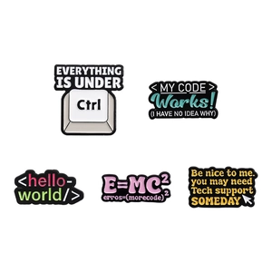 Five creative colorful enamel pins featuring humorous programmer and tech support quotes