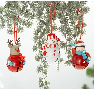 Three-piece Christmas bell ornaments with reindeer, snowman and boy on pine branches
