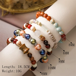 Macro view of natural agate beads and wooden bracelets showing 6mm 8mm 10mm sizes