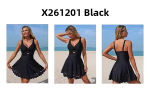 Detail view of black one-piece swimsuit with cutout waist and laser-cut petal hem edges