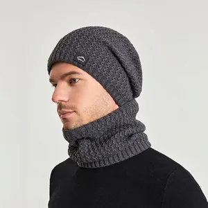 Winter thermal knit beanie and scarf set in dark gray with fleece lining for men
