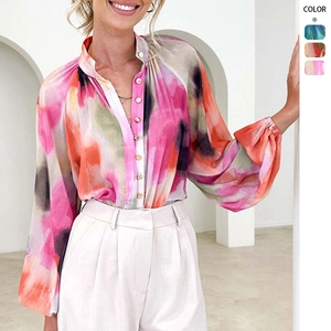 Chemisier Femme Imprimé Abstrait Coloré Manches Lanternes Longues Col Montant Boutonné Chemise Élégante Décontractée Hauts