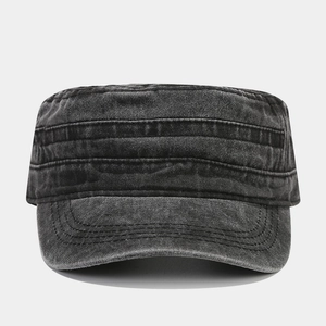 Vintage dark gray washed denim cadet cap with flat top and reinforced brim for men and women