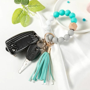 Silicone beaded wristlet keychain with leather tassel and marble beads for women