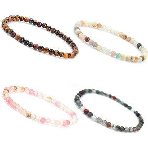 Set of four 8mm natural stone beaded bracelets with tiger eye, amethyst, and quartz crystals