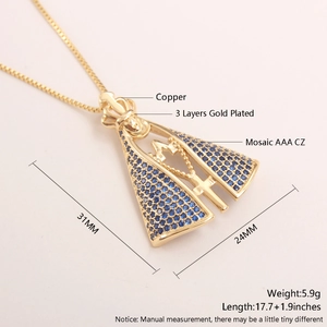 Detailed view of Our Lady of Aparecida pendant with blue zircon and size specifications